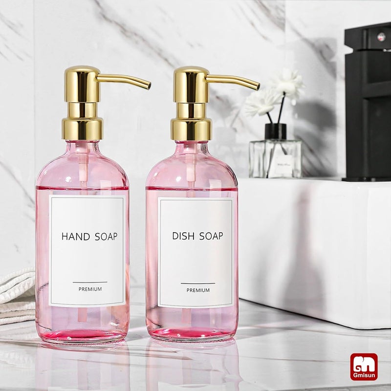 Gmisun Pink Soap Dispenser Bathroom, 2 Pack Kitchen Hand and Dish Soap Dispensers Set, 17 Fl Oz Pink Glass Soap Dispenser with Gold Pump, Refillable Modern Farmhouse Liquid Soap Pump Bottles - Image 4